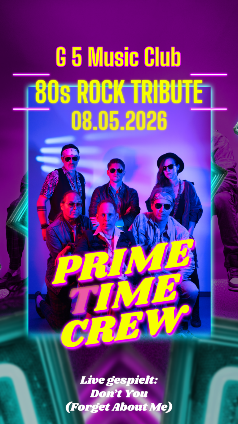 Ankündigung des Konzerts im G-5 Music Club. Zu Sehen ist die Band, darber der Text „80s Rock Tribute“